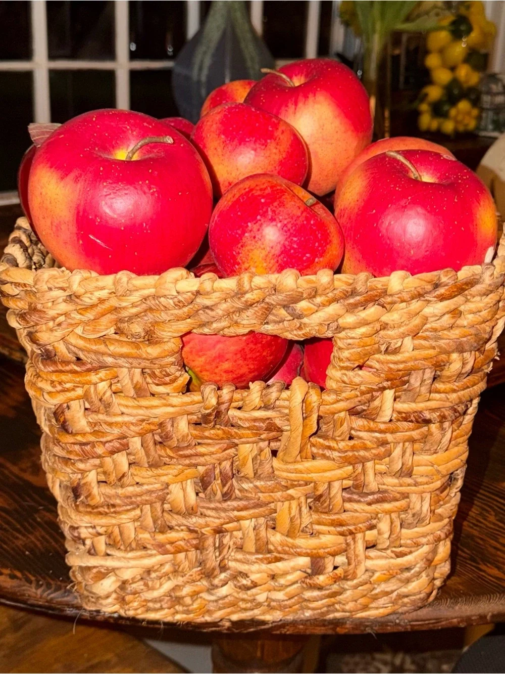 Rustic Woven Basket with Red Decorative Apples -
